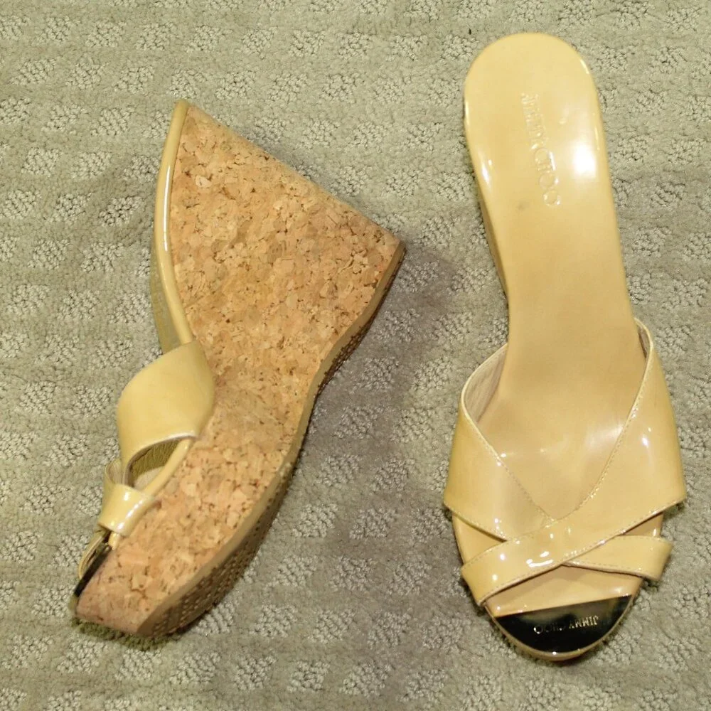 Jimmy Choo Women's 8.5 / 40 Platform Patent Leather Yellow Cork Wedge Heels